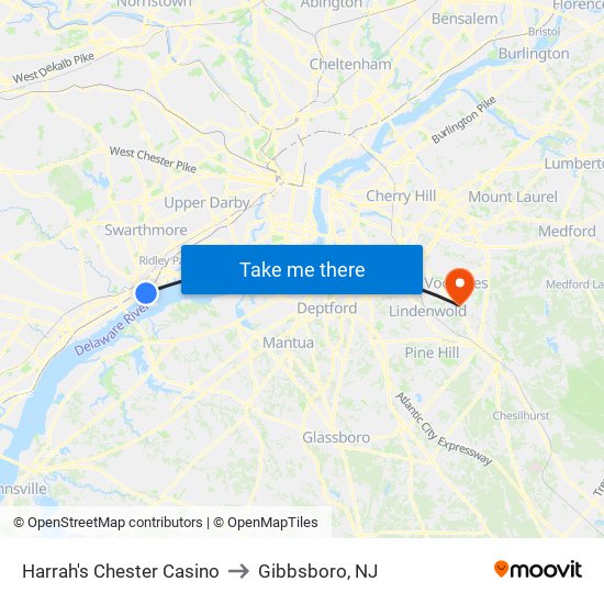 Harrah's Chester Casino to Gibbsboro, NJ map