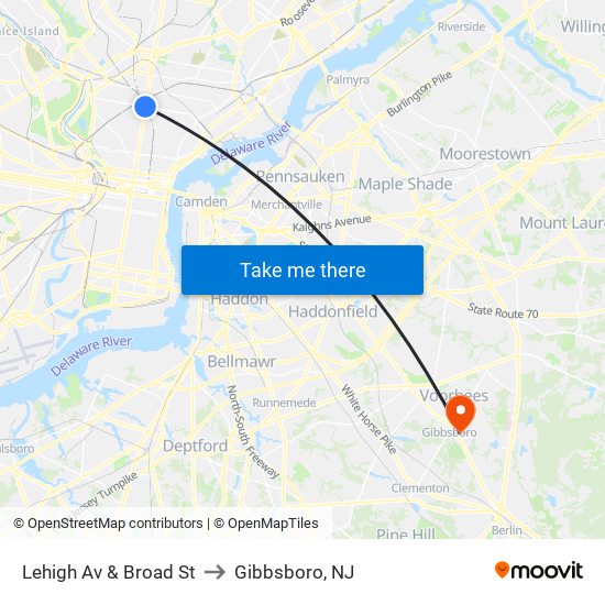 Lehigh Av & Broad St to Gibbsboro, NJ map