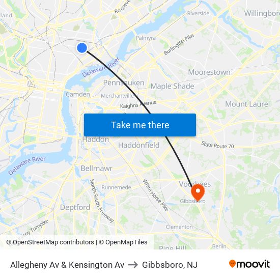 Allegheny Av & Kensington Av to Gibbsboro, NJ map