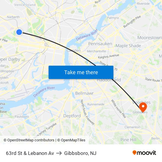 63rd St & Lebanon Av to Gibbsboro, NJ map