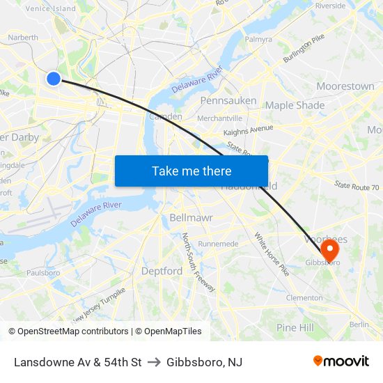 Lansdowne Av & 54th St to Gibbsboro, NJ map