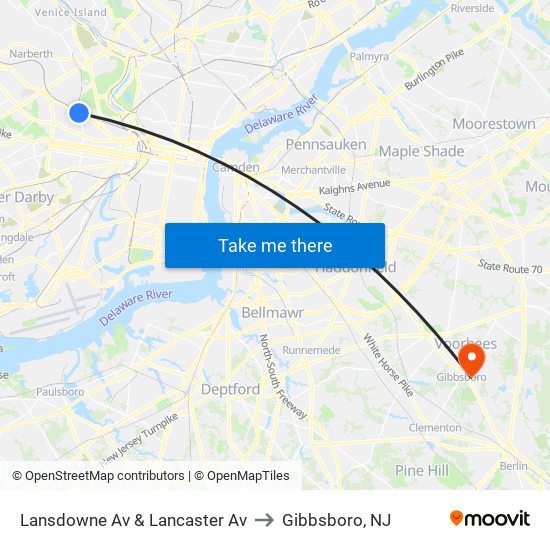 Lansdowne Av & Lancaster Av to Gibbsboro, NJ map