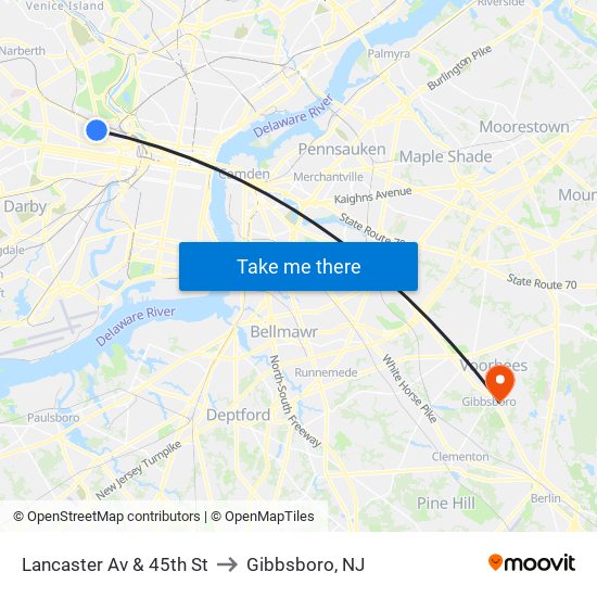 Lancaster Av & 45th St to Gibbsboro, NJ map