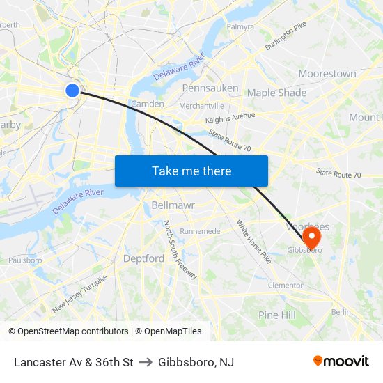 Lancaster Av & 36th St to Gibbsboro, NJ map