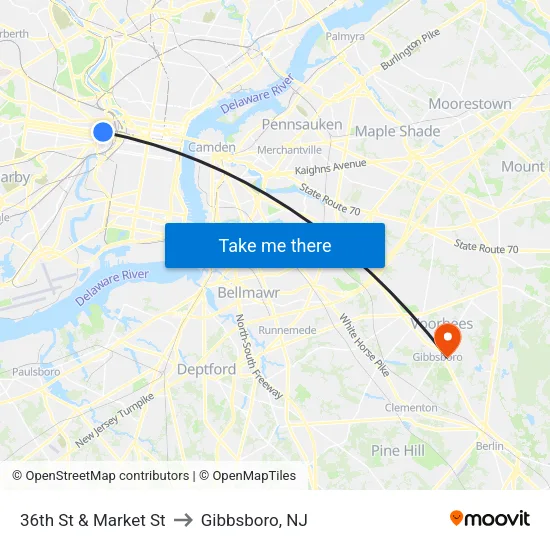36th St & Market St to Gibbsboro, NJ map