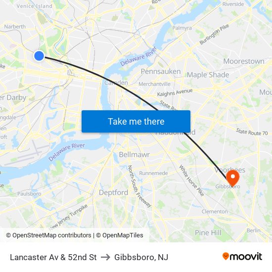 Lancaster Av & 52nd St to Gibbsboro, NJ map