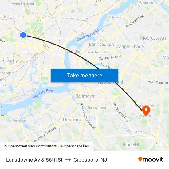 Lansdowne Av & 56th St to Gibbsboro, NJ map