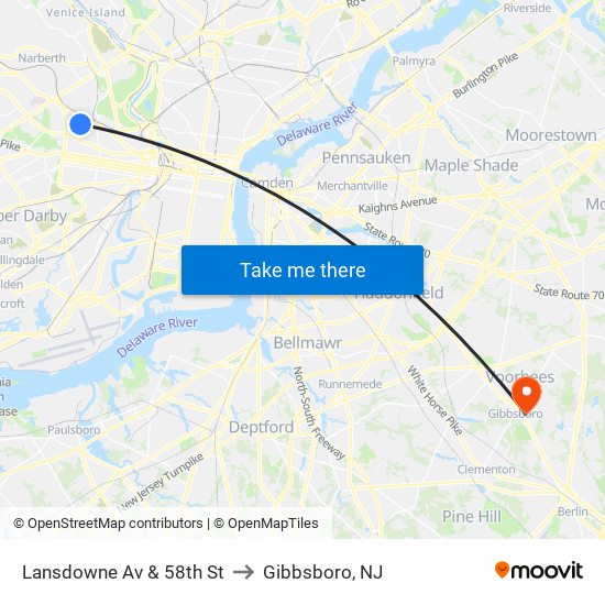 Lansdowne Av & 58th St to Gibbsboro, NJ map