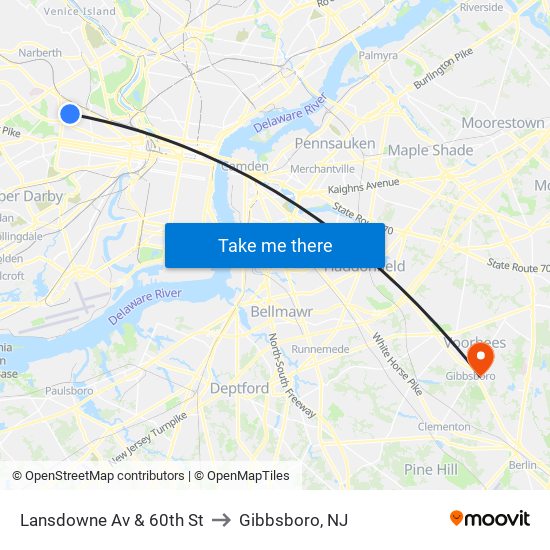 Lansdowne Av & 60th St to Gibbsboro, NJ map