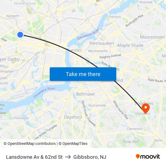 Lansdowne Av & 62nd St to Gibbsboro, NJ map