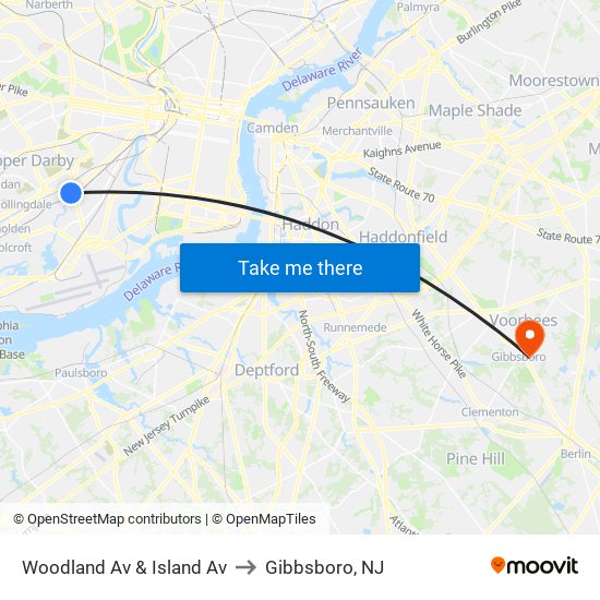 Woodland Av & Island Av to Gibbsboro, NJ map