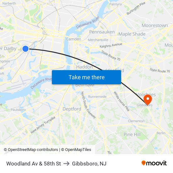 Woodland Av & 58th St to Gibbsboro, NJ map