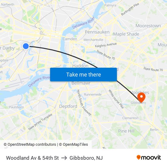 Woodland Av & 54th St to Gibbsboro, NJ map