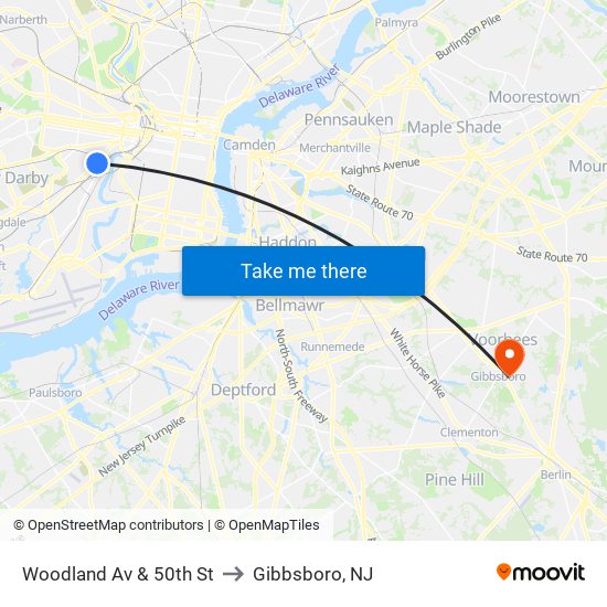 Woodland Av & 50th St to Gibbsboro, NJ map