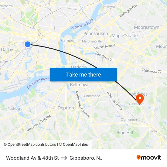 Woodland Av & 48th St to Gibbsboro, NJ map