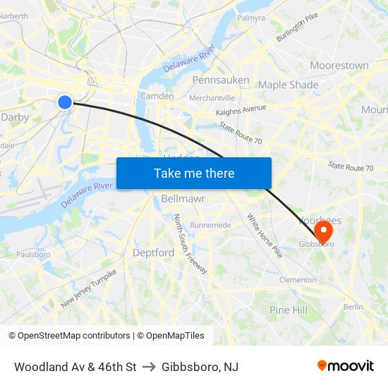 Woodland Av & 46th St to Gibbsboro, NJ map