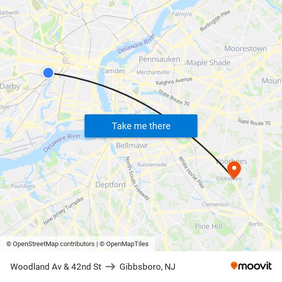 Woodland Av & 42nd St to Gibbsboro, NJ map