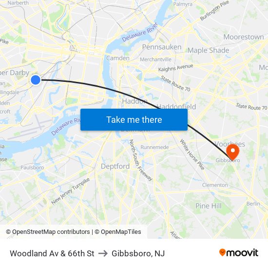 Woodland Av & 66th St to Gibbsboro, NJ map