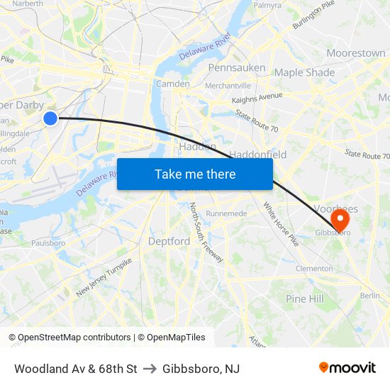 Woodland Av & 68th St to Gibbsboro, NJ map