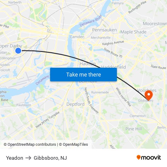 Yeadon to Gibbsboro, NJ map