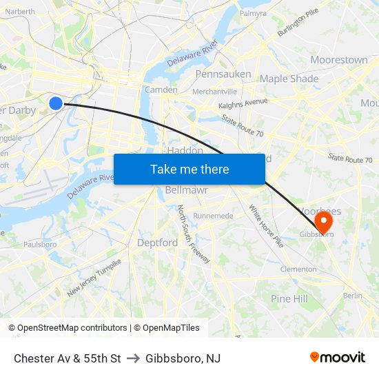 Chester Av & 55th St to Gibbsboro, NJ map