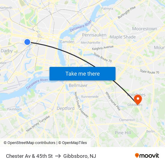 Chester Av & 45th St to Gibbsboro, NJ map
