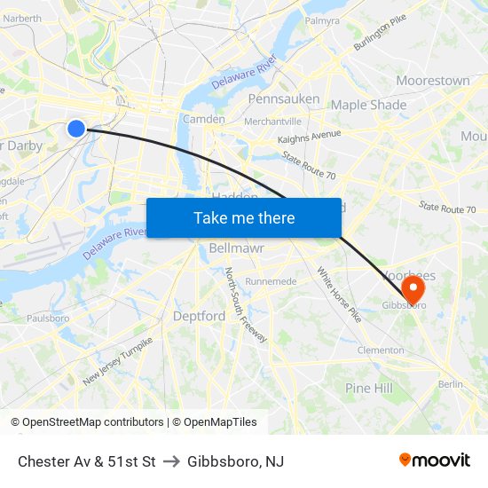 Chester Av & 51st St to Gibbsboro, NJ map