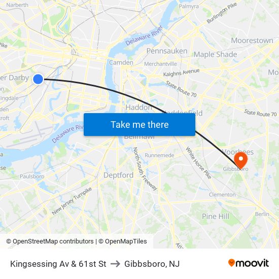 Kingsessing Av & 61st St to Gibbsboro, NJ map