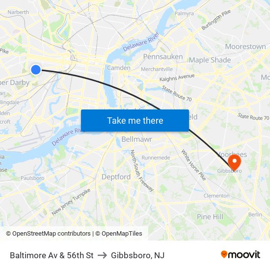 Baltimore Av & 56th St to Gibbsboro, NJ map