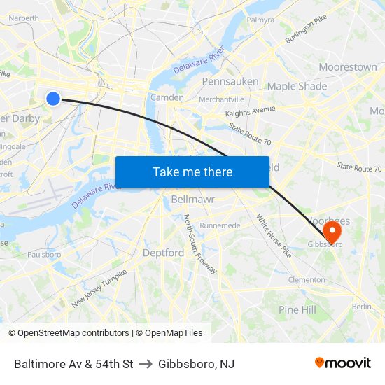 Baltimore Av & 54th St to Gibbsboro, NJ map