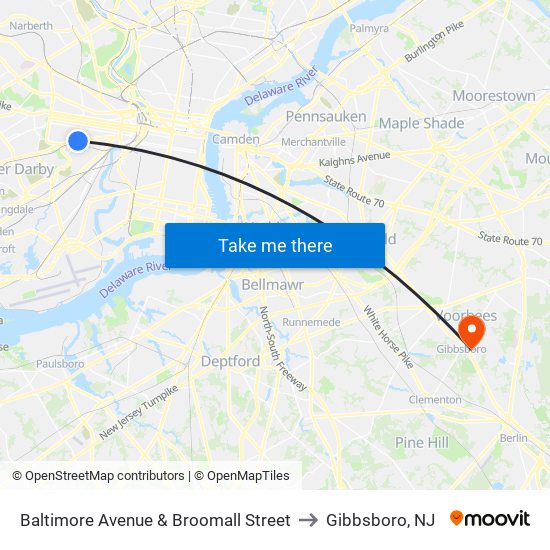 Baltimore Avenue & Broomall Street to Gibbsboro, NJ map