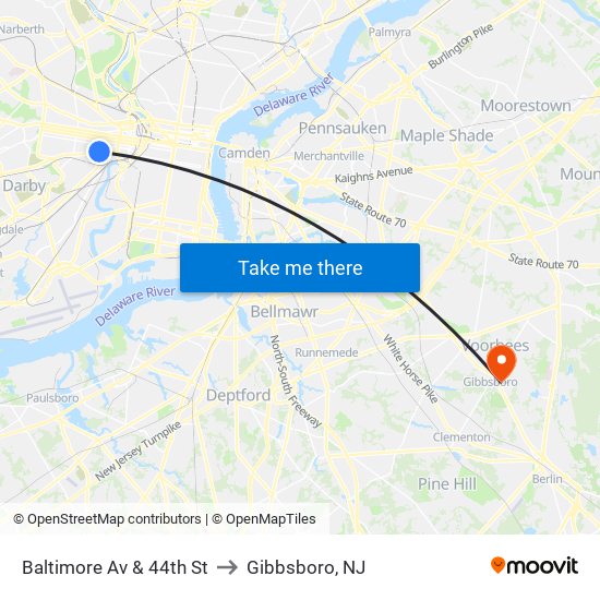 Baltimore Av & 44th St to Gibbsboro, NJ map