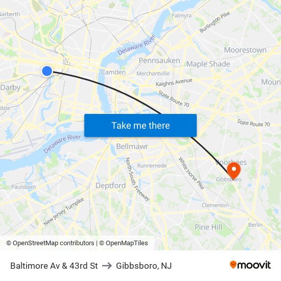 Baltimore Av & 43rd St to Gibbsboro, NJ map
