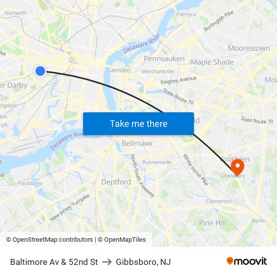Baltimore Av & 52nd St to Gibbsboro, NJ map