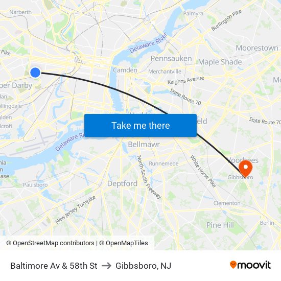 Baltimore Av & 58th St to Gibbsboro, NJ map