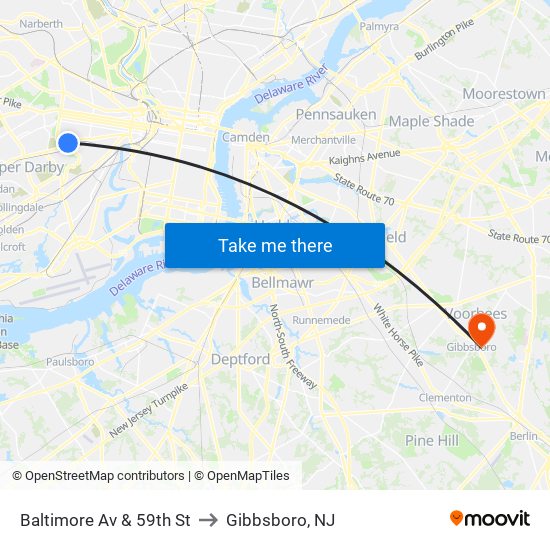 Baltimore Av & 59th St to Gibbsboro, NJ map