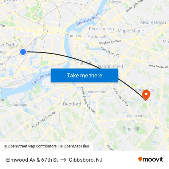 Elmwood Av & 67th St to Gibbsboro, NJ map