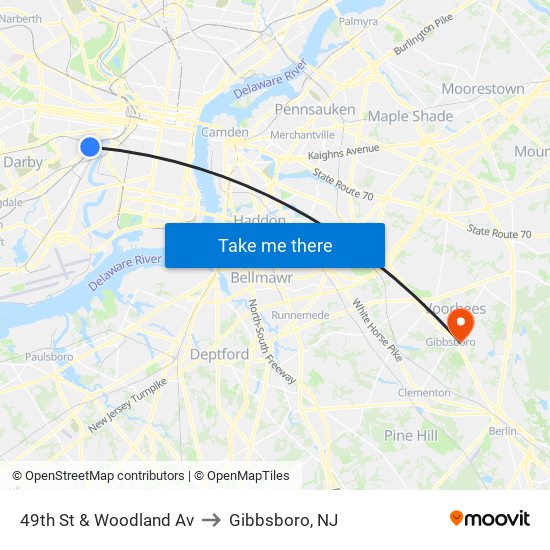 49th St & Woodland Av to Gibbsboro, NJ map