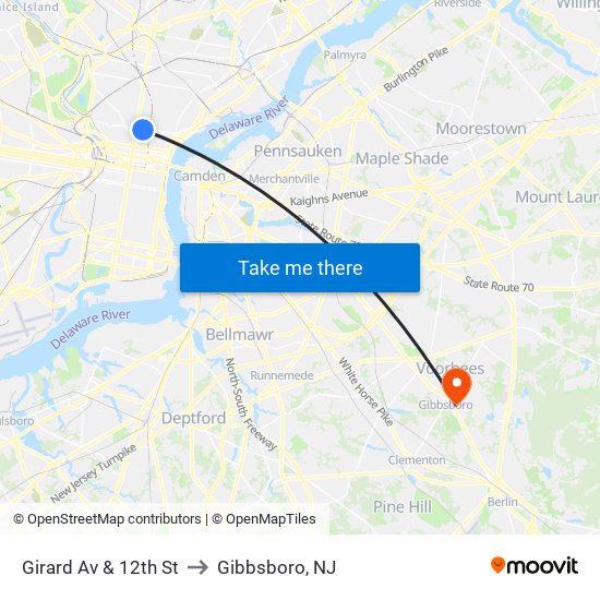 Girard Av & 12th St to Gibbsboro, NJ map