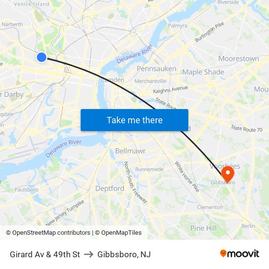 Girard Av & 49th St to Gibbsboro, NJ map
