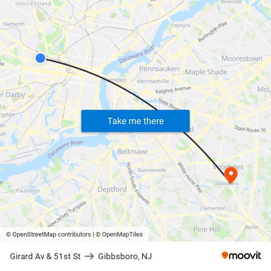 Girard Av & 51st St to Gibbsboro, NJ map