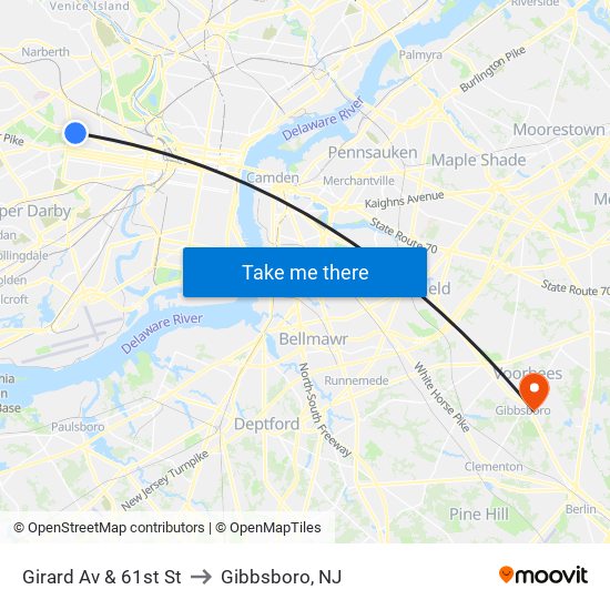 Girard Av & 61st St to Gibbsboro, NJ map