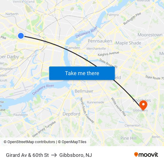 Girard Av & 60th St to Gibbsboro, NJ map