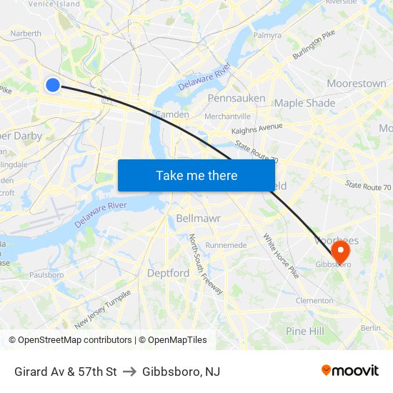 Girard Av & 57th St to Gibbsboro, NJ map