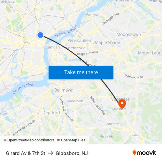Girard Av & 7th St to Gibbsboro, NJ map