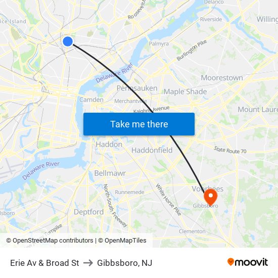 Erie Av & Broad St to Gibbsboro, NJ map
