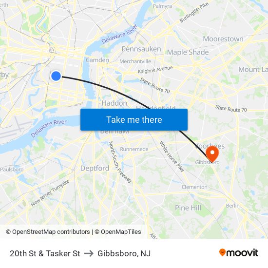 20th St & Tasker St to Gibbsboro, NJ map