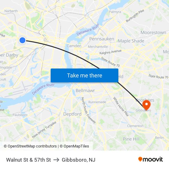 Walnut St & 57th St to Gibbsboro, NJ map