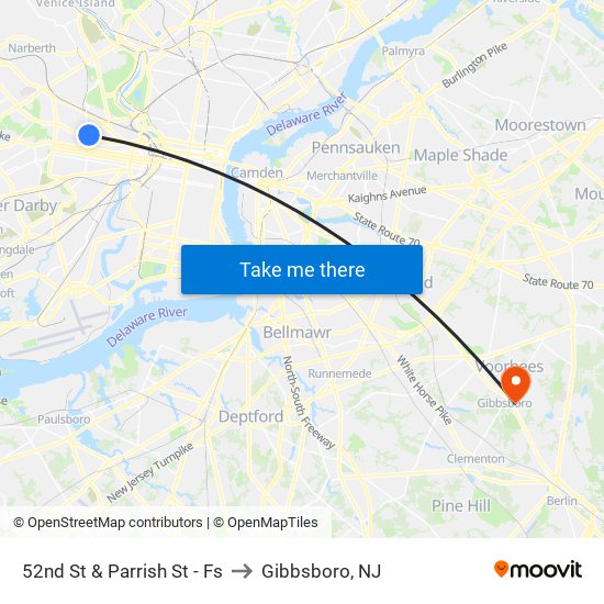 52nd St & Parrish St - Fs to Gibbsboro, NJ map