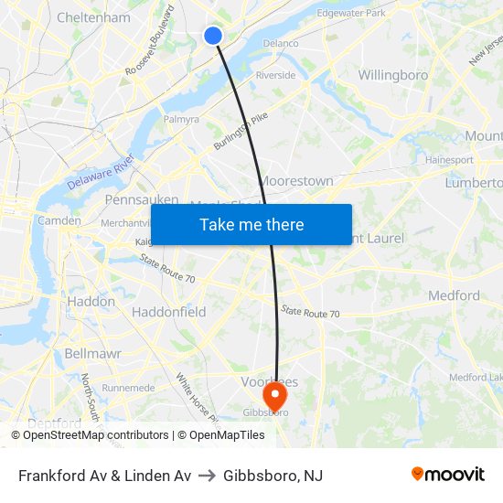 Frankford Av & Linden Av to Gibbsboro, NJ map